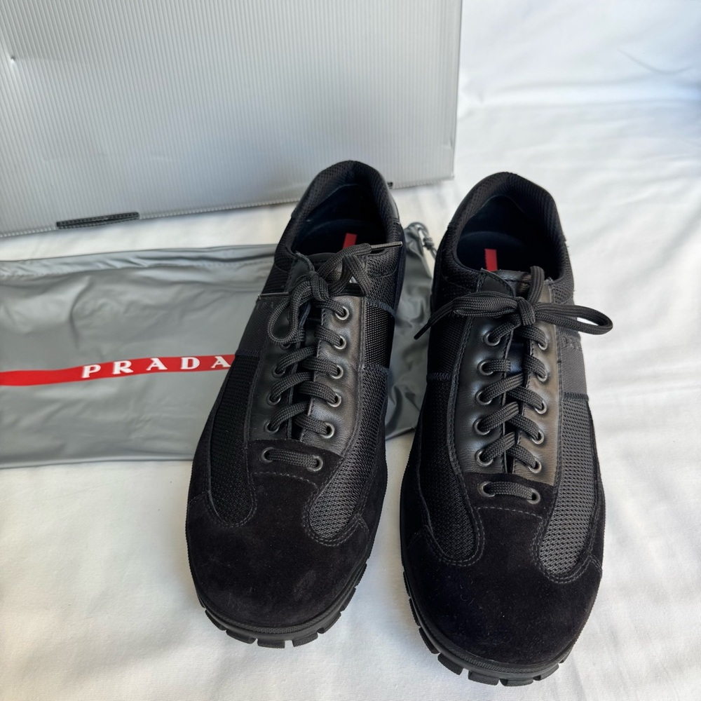 PRADA Americas Cup Black Suede Mesh Sneakers Men’s 9 Italy EUC Sporty Luxury